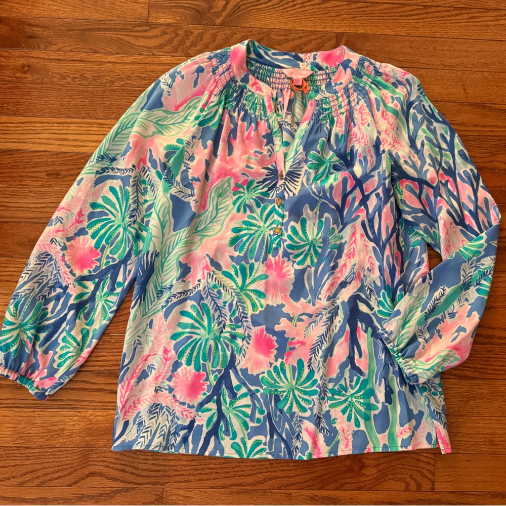 LILLY PULITZER ELSA Silk Top Long Sleeve Blouse JET STREAM Size XS